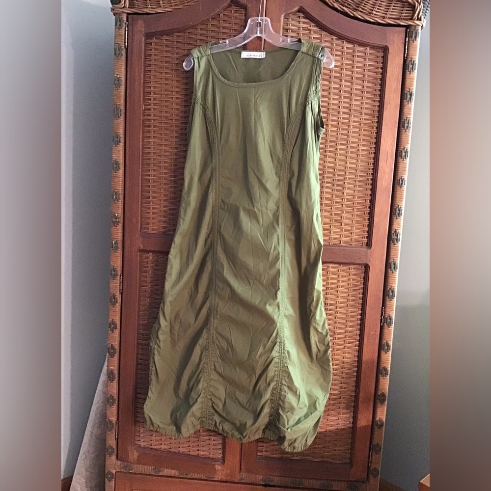 Cut Loose Olive Green Ruched  Cotton Midi Dress